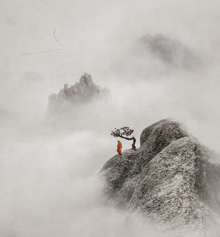 Monk in Misty Mountains by Shenshen Dou — canvas wall art