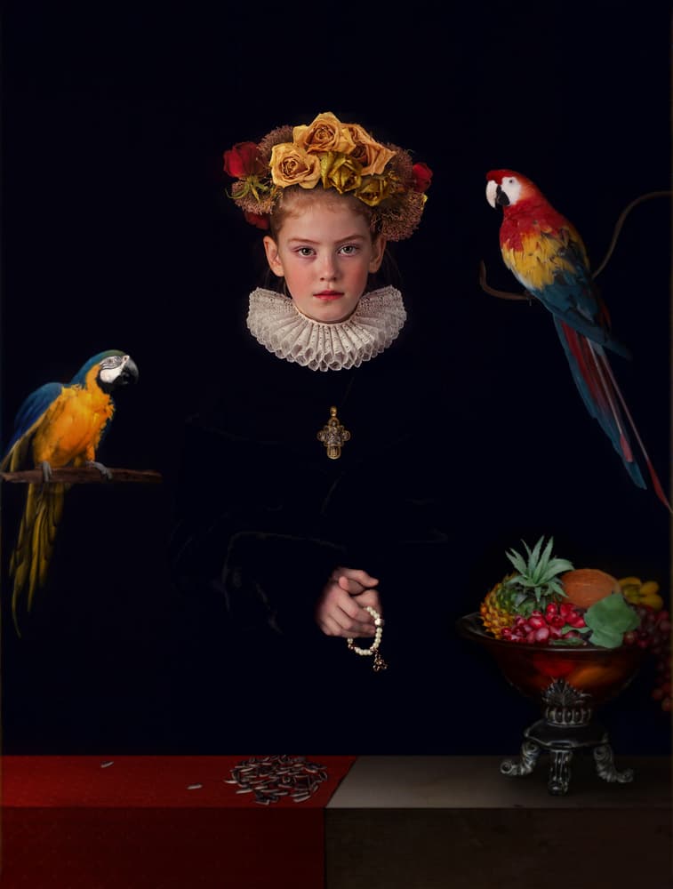 Baroque Girl and Parrots by Svetlana Melik-Nubarova — canvas wall art