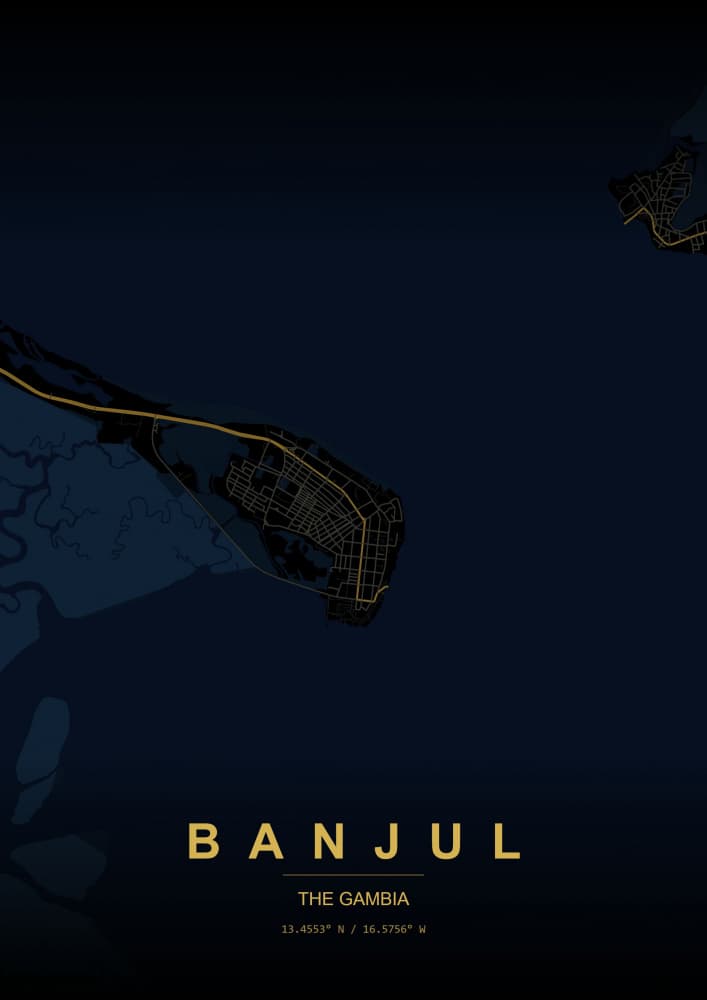 Banjul Night City Map by HUGO — canvas wall art