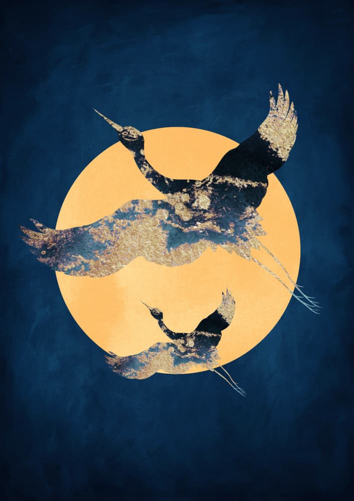 Golden Cranes Moon by Aureous — canvas wall art