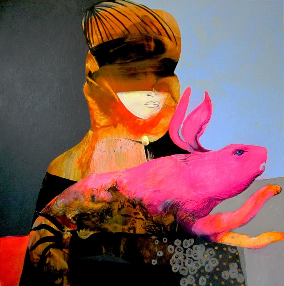 Mysterious Woman Pink Rabbit by Victor Tkachenko — canvas wall art