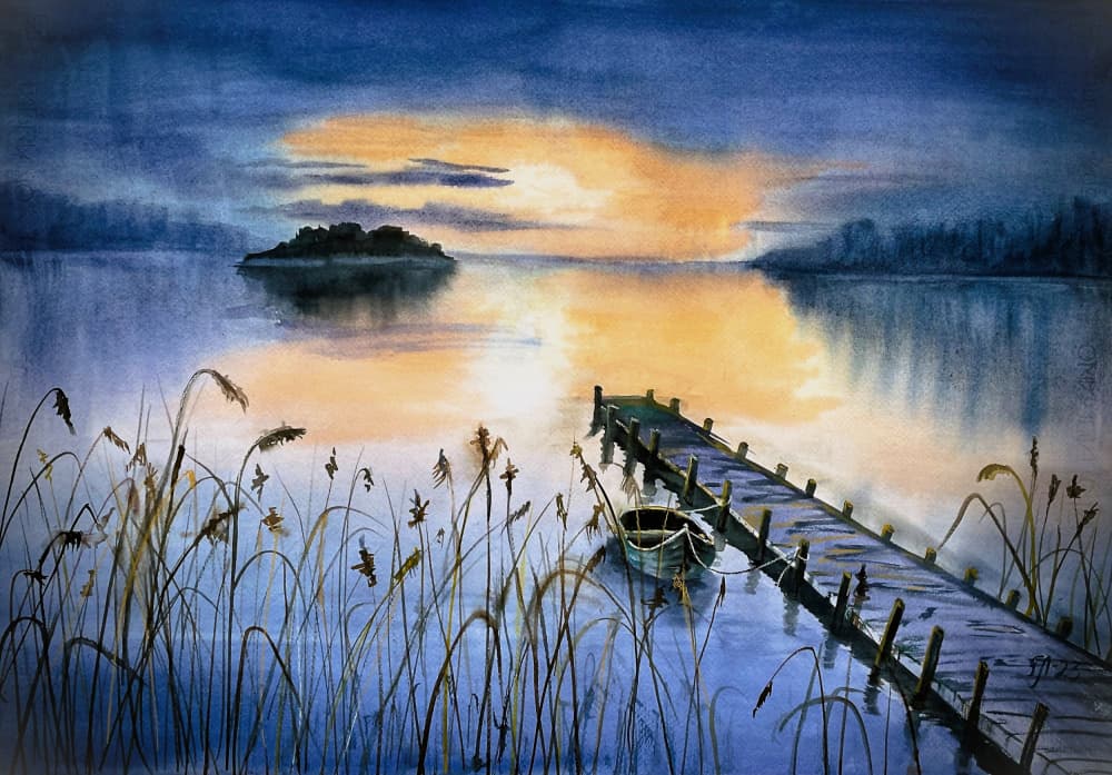 Sunset Lake Pier by Tanya Lundmark — canvas wall art