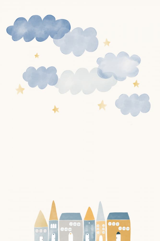 Whimsical Houses and Clouds by Menina Lisboa — canvas wall art