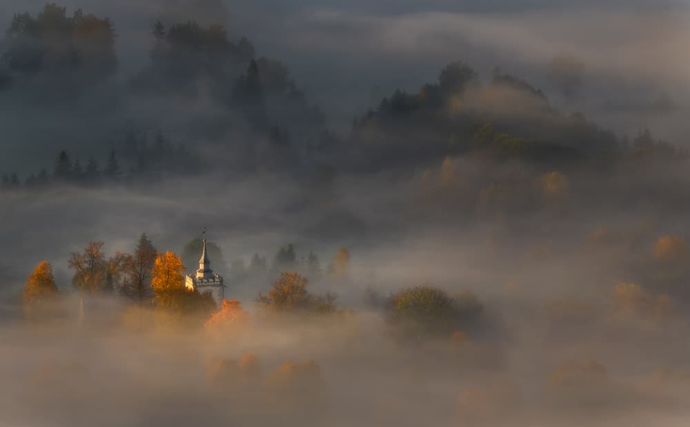 Misty Autumn Church by Tomasz Rojek — canvas wall art