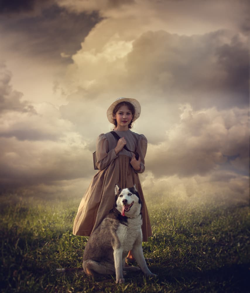 Vintage Girl and Husky by Svetlana Melik-Nubarova — canvas wall art
