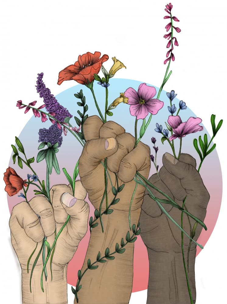 United Fists Holding Flowers by EC Mazur — canvas wall art