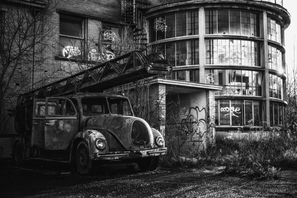 Forgotten Fire Truck Factory by Georgios Bero — canvas wall art