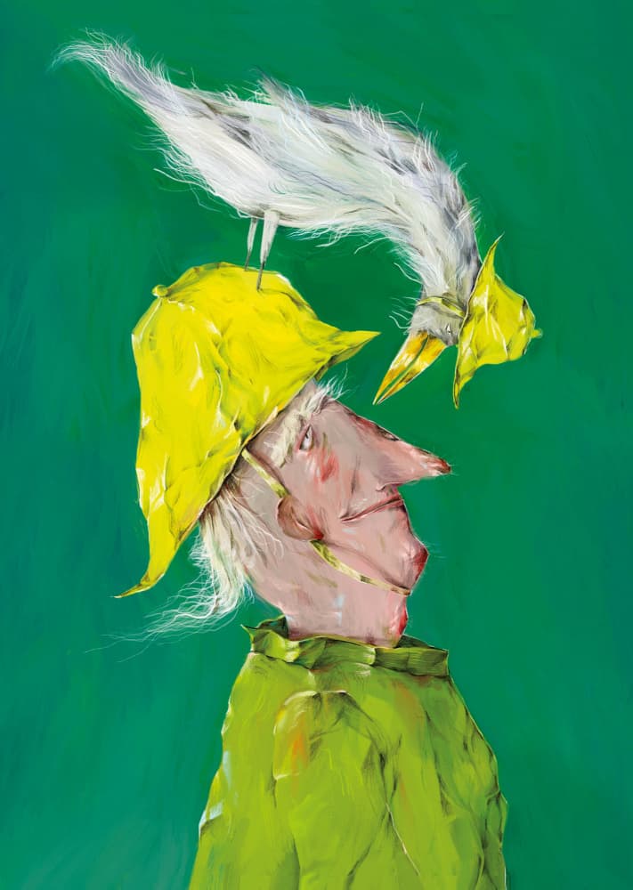 Whimsical Man with Bird by Natascha Baumgärtner — canvas wall art