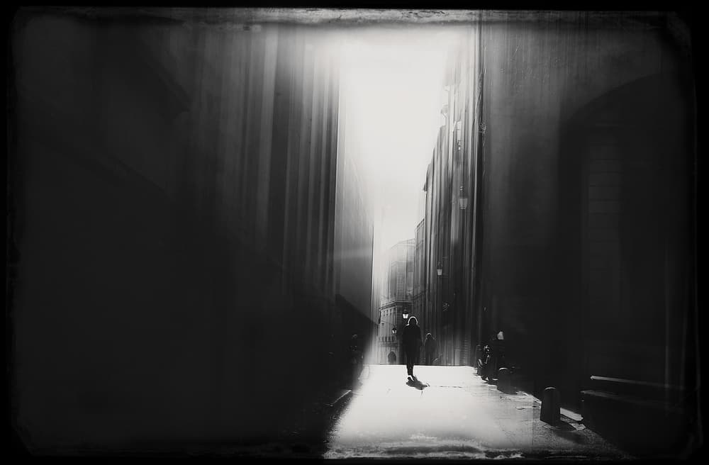 Lone Figure Bright Alley by Bogdan Bouşcă — canvas wall art