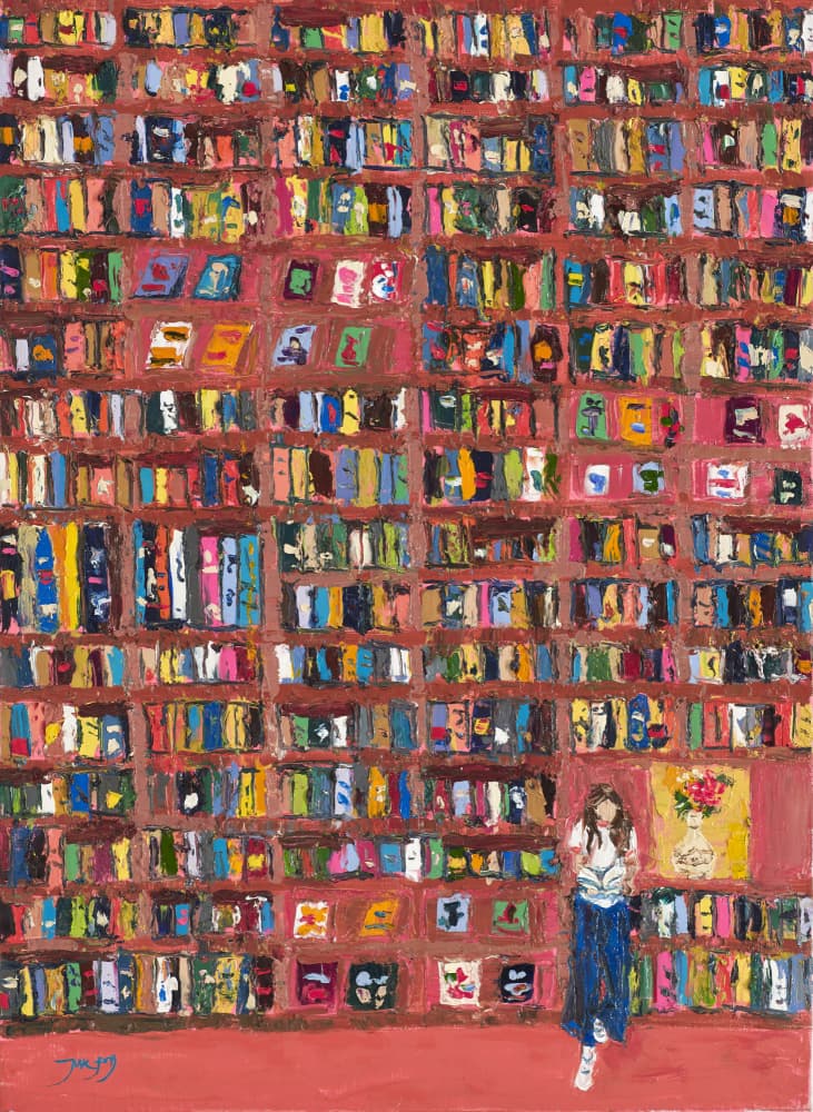 Colorful Bookshelf Reader by Jukyong Park — canvas wall art