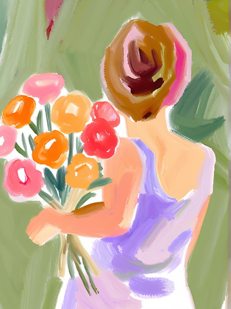 Woman with Colorful Bouquet by Ohkimiko — canvas wall art