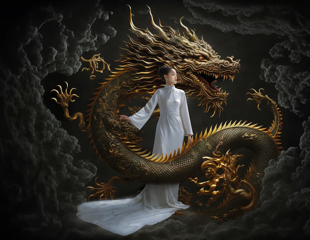 Elegant Woman Golden Dragon by Cai ning — canvas wall art