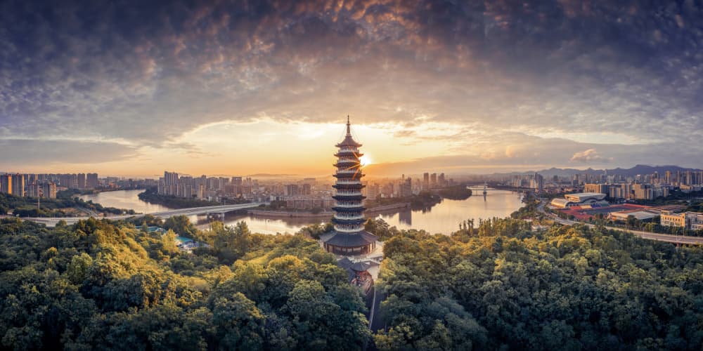 Golden Pagoda City Sunset by qiye — canvas wall art