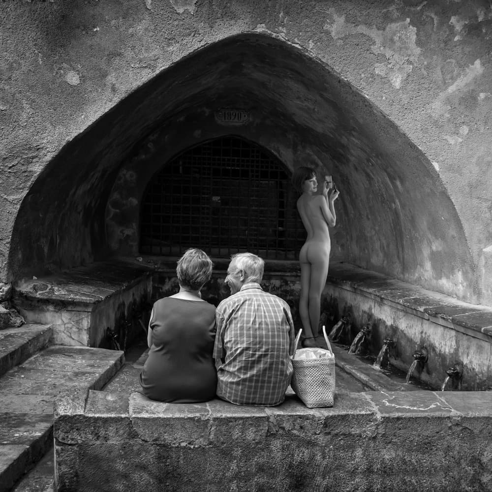 Old Couple Nude Fountain by Angéla Vicedomini — canvas wall art