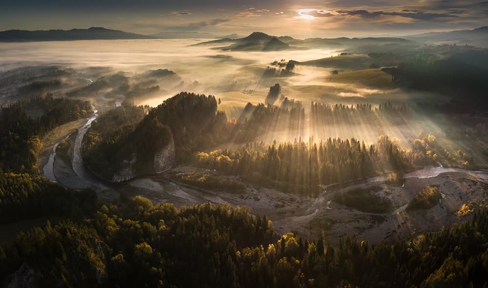 Sun Rays Over Forest River by Karol Nienartowicz — canvas wall art