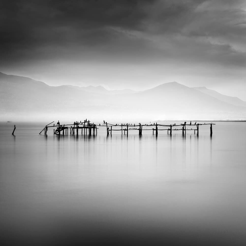 Misty Lake Pier Birds by George Digalakis — canvas wall art