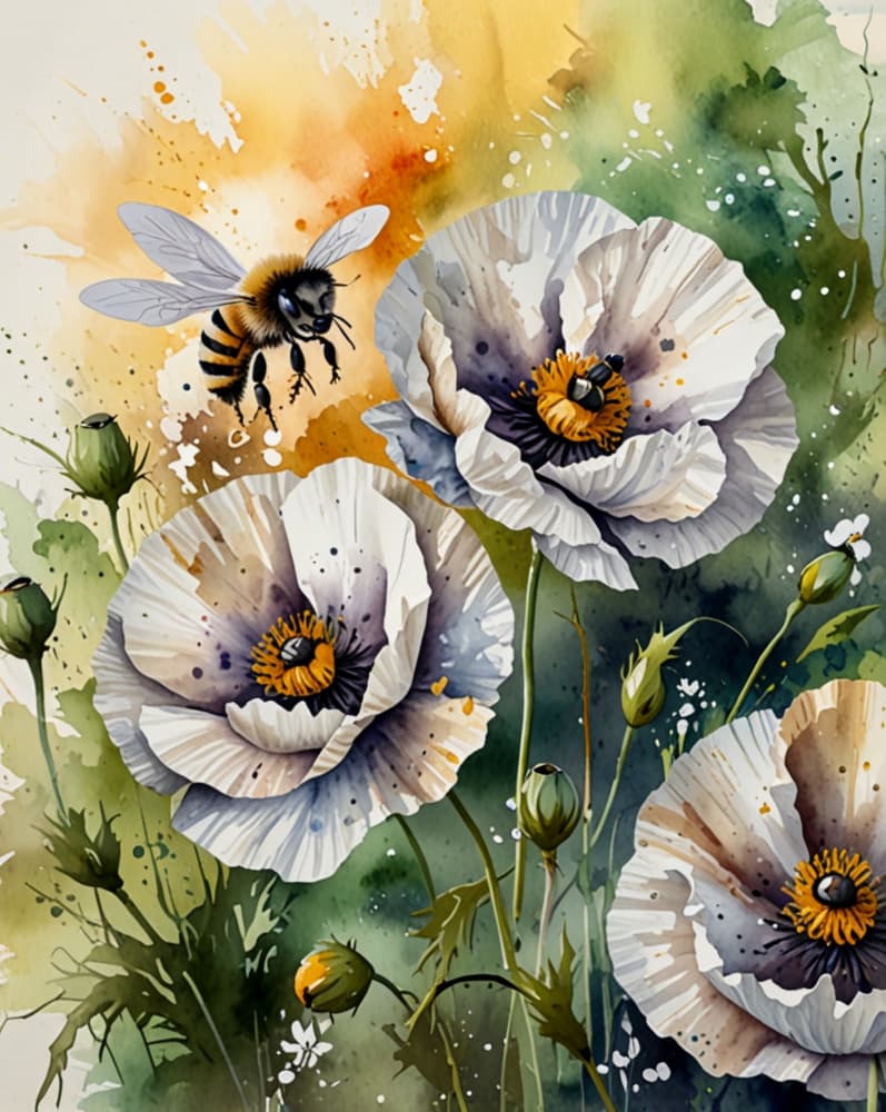 White Poppies Bee by Anda Bieza — canvas wall art