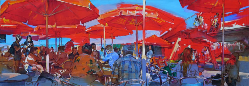 Red Umbrellas Cafe by Andrii Kutsachenko — canvas wall art