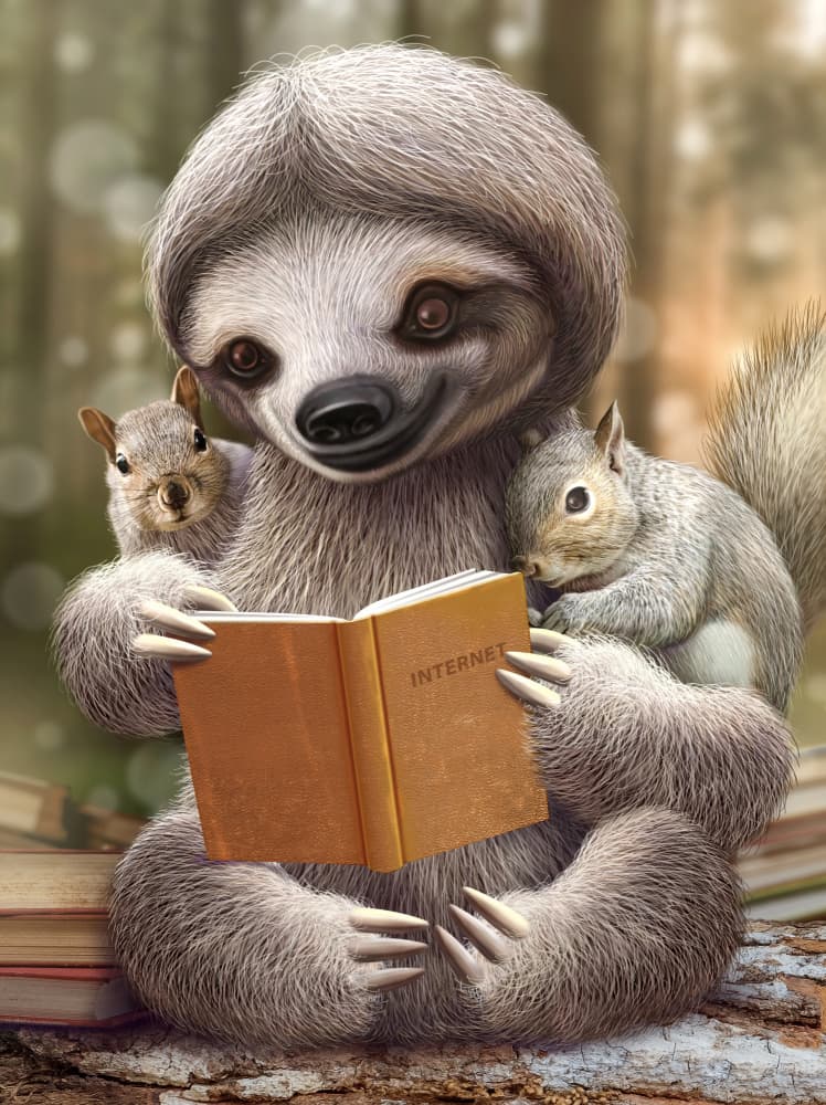 Forest Sloth Reads Internet by Adam Lawless — canvas wall art