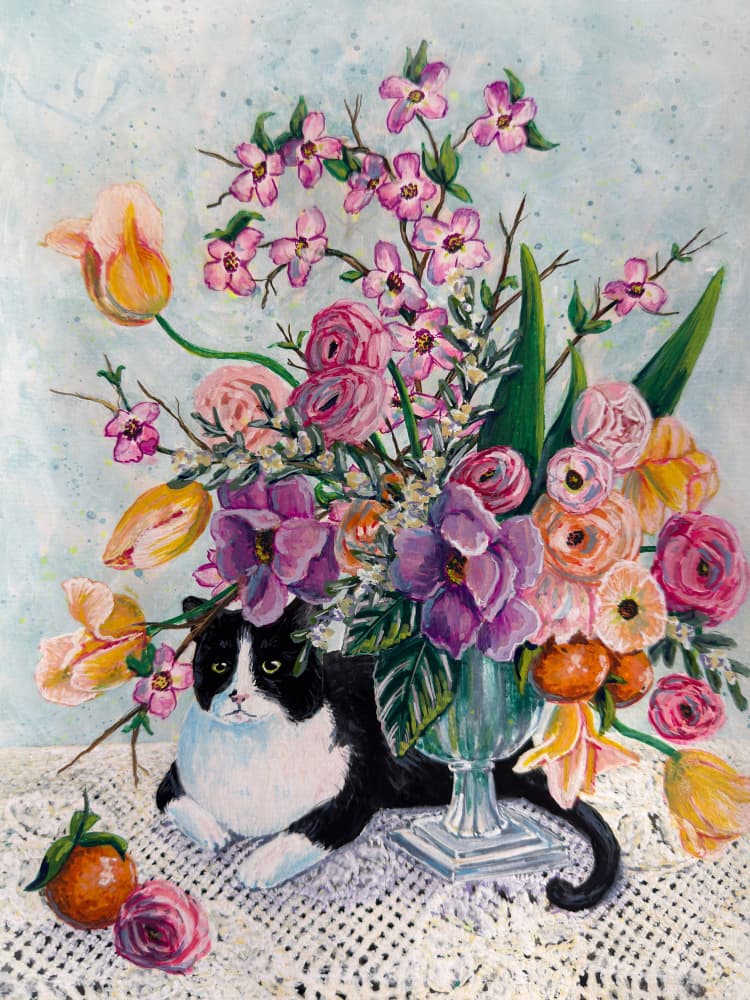 Tuxedo Cat Spring Blooms by Renee Machan Cottagecore Artist — canvas wall art