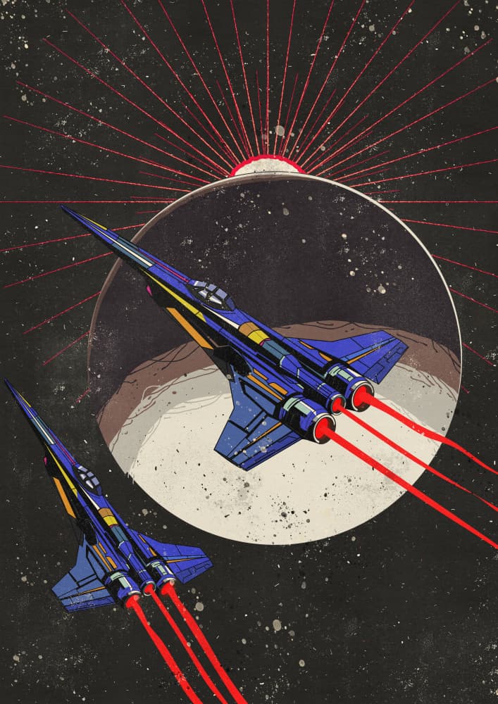Blue Spaceships Rising Sun by Nicholas — canvas wall art