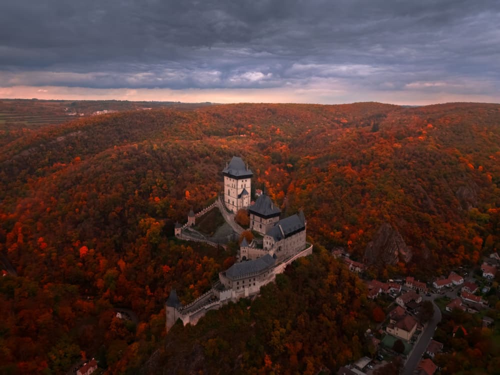 Karlstejn Castle Autumn Grandeur by Larry Deng APA — canvas wall art