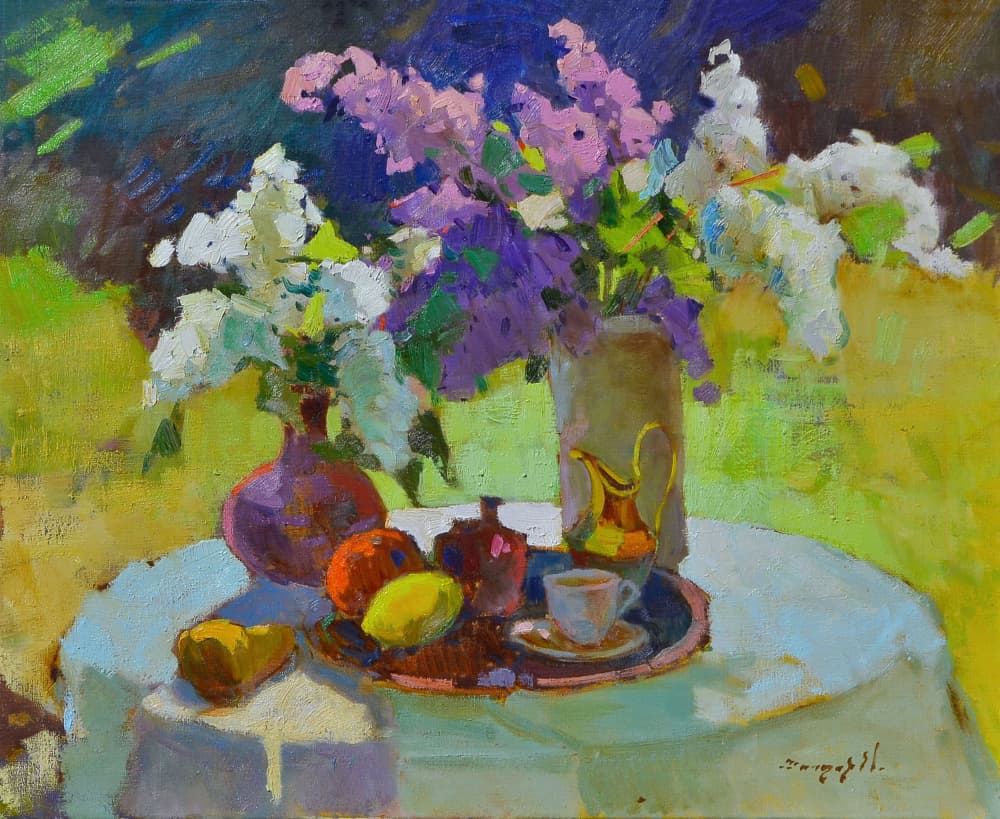 Lilacs and Fruit Outdoors by Alexander Shandor — canvas wall art