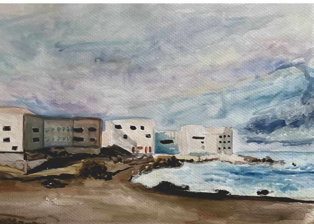 Coastal Buildings Stormy Sea by Carola Cedell — canvas wall art
