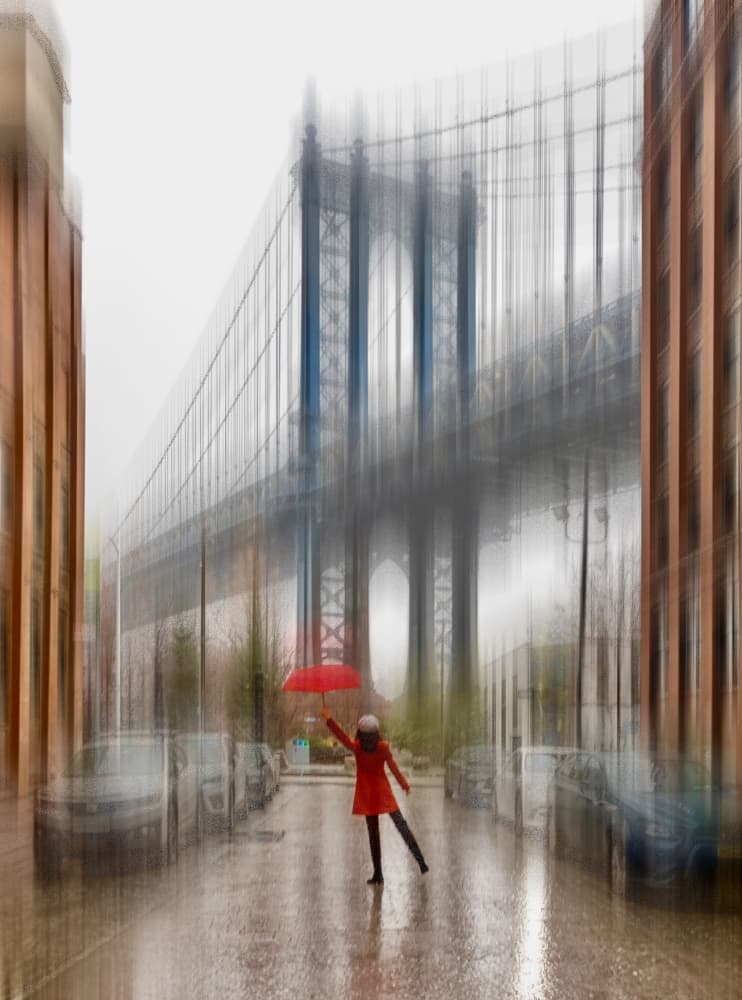 Red Umbrella Manhattan Bridge by Kenneth-Wei Zeng — canvas wall art