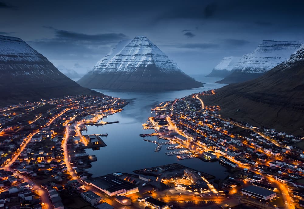 Mountain Fjord City Lights by Jingshu Zhu — canvas wall art