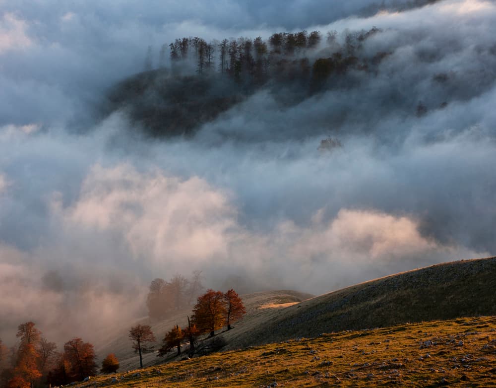 Misty Autumn Mountains by Julien Oncete — canvas wall art