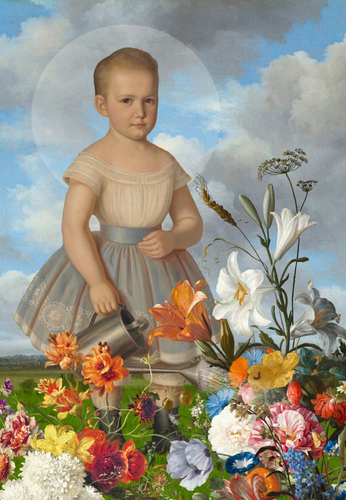 Innocent Child Watering Flowers by Marja van den Hurk — canvas wall art