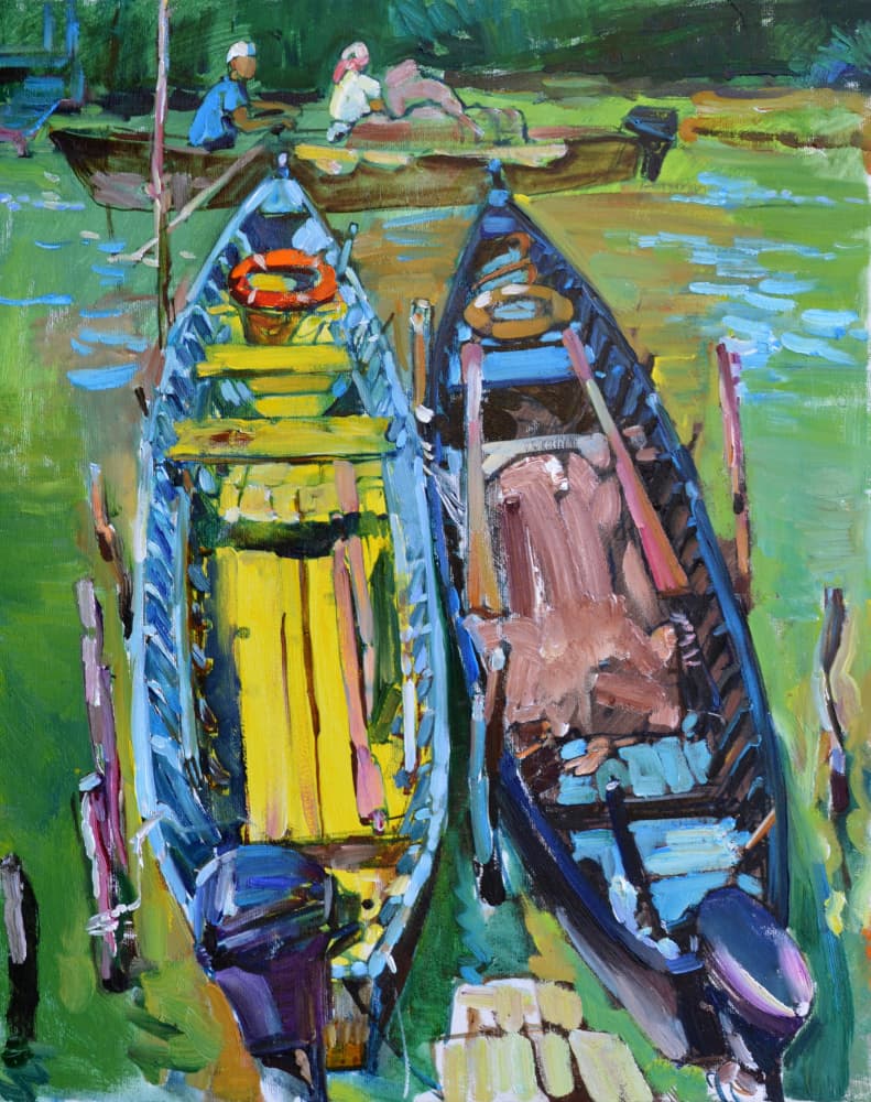 Peaceful River Boats by Andrii Kutsachenko — canvas wall art