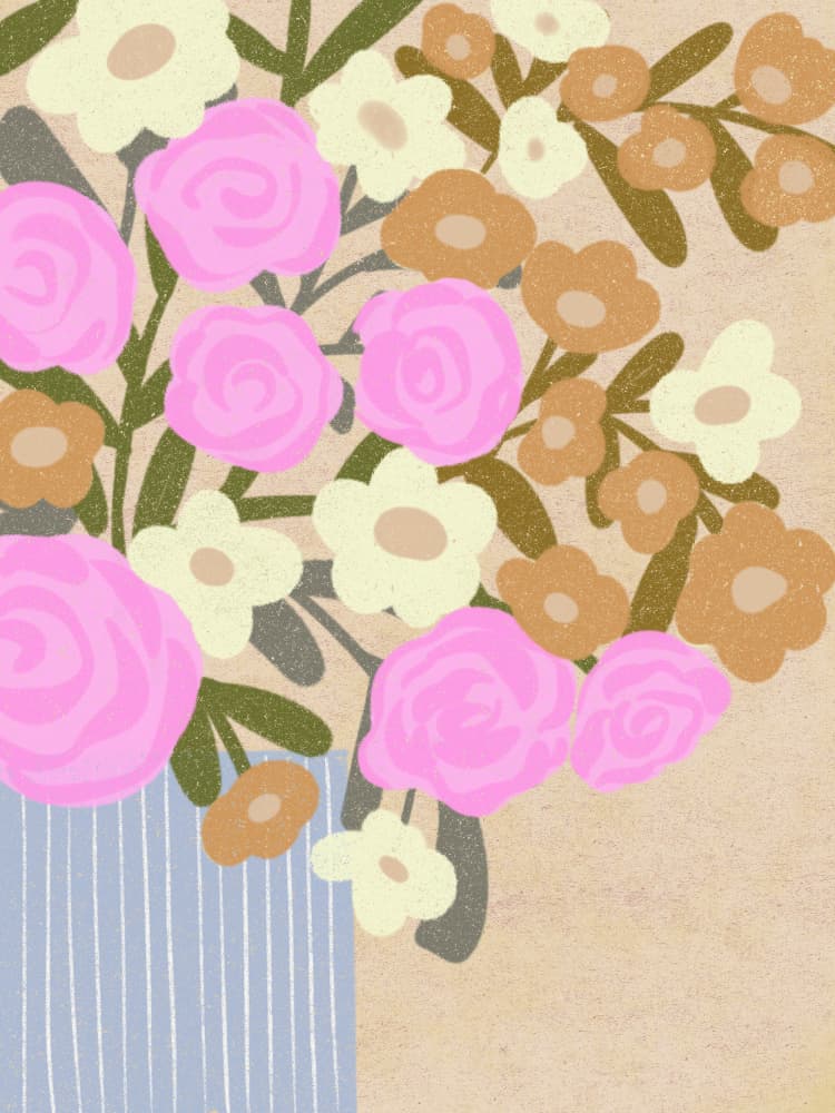 Pink Blooms Blue Vase by Nikita Jariwala — canvas wall art