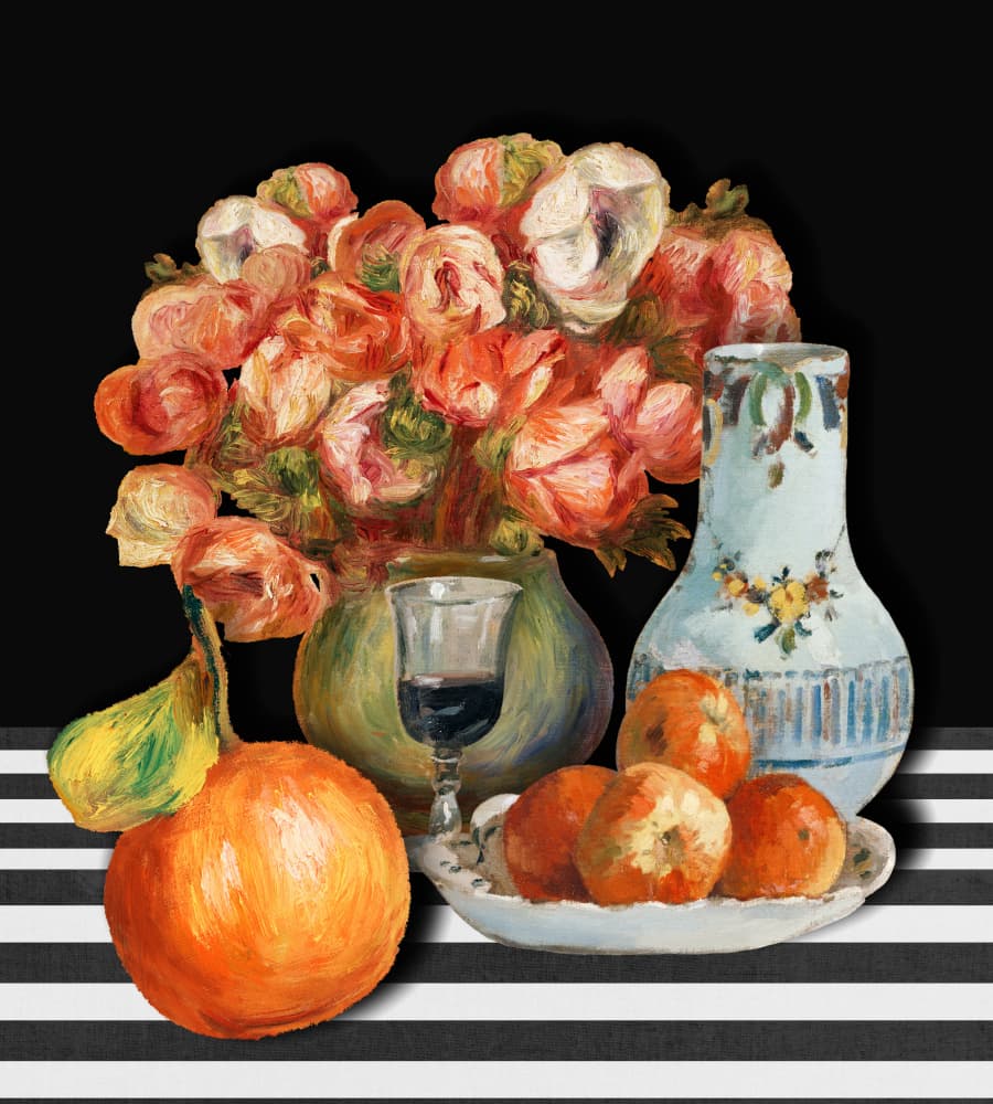 Vibrant Floral Fruit Still Life by Marja van den Hurk — canvas wall art