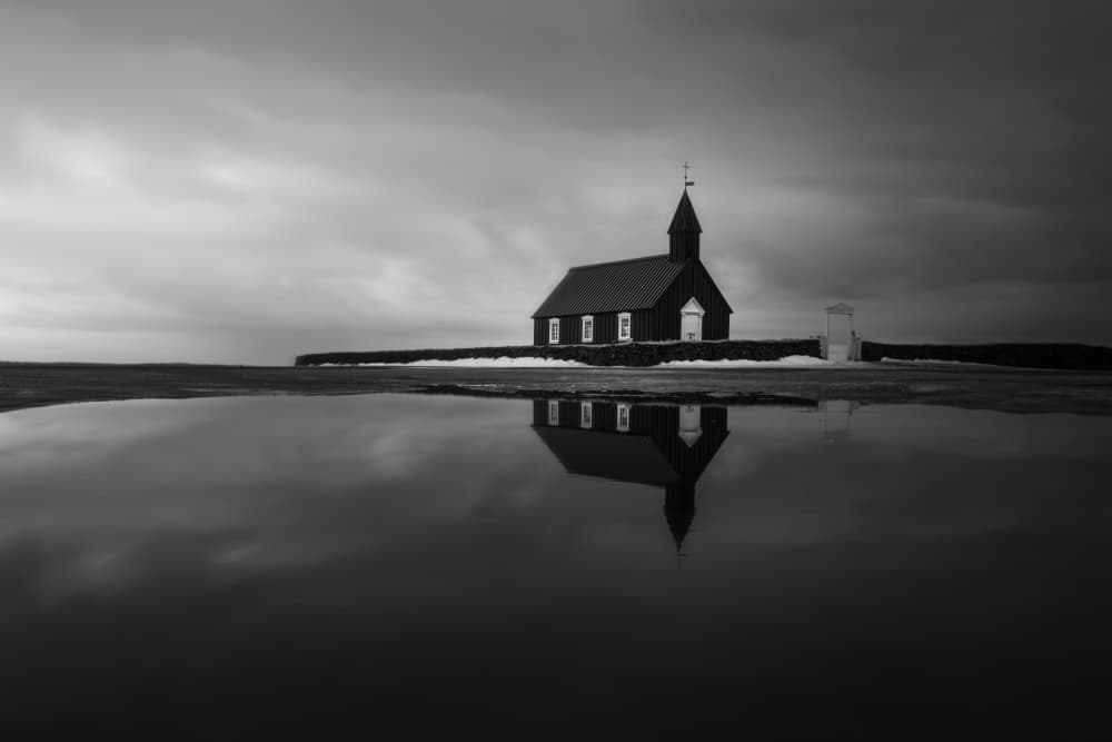 Moody Iceland Church Reflection by Yongnan Li (李永男) — canvas wall art