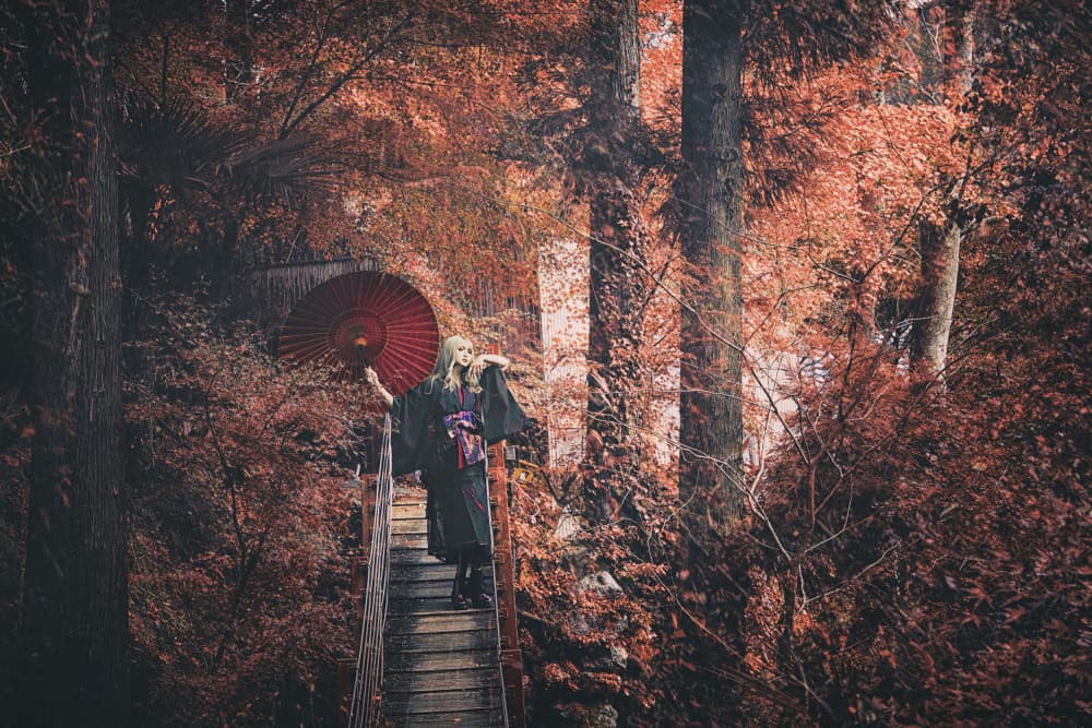 Red Parasol Autumn Walk by KOIKI — canvas wall art