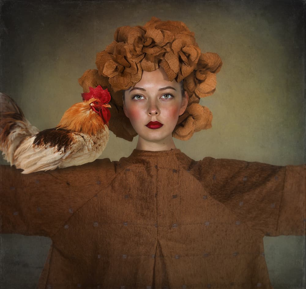 Elegant Woman and Rooster by Svetlana Melik-Nubarova — canvas wall art