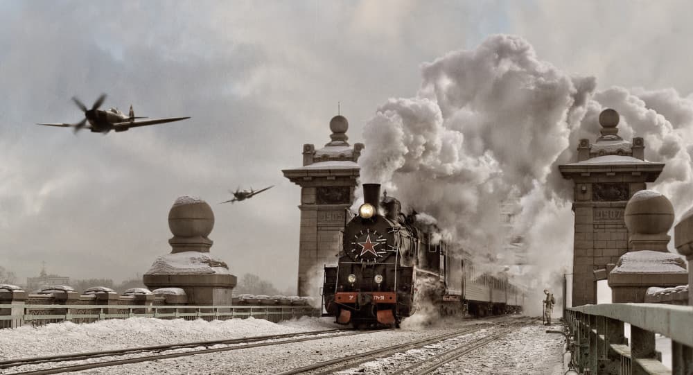 Winter Train Warplanes by Dmitry Frizel — canvas wall art
