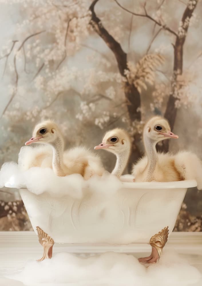 Baby Ostriches Bubble Bath by Niky Rahner — canvas wall art