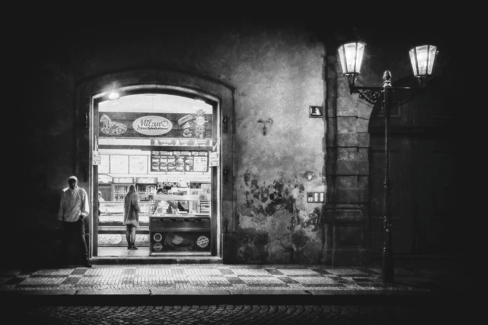 Urban Night Shop by Roswitha Schleicher-Schwarz — canvas wall art