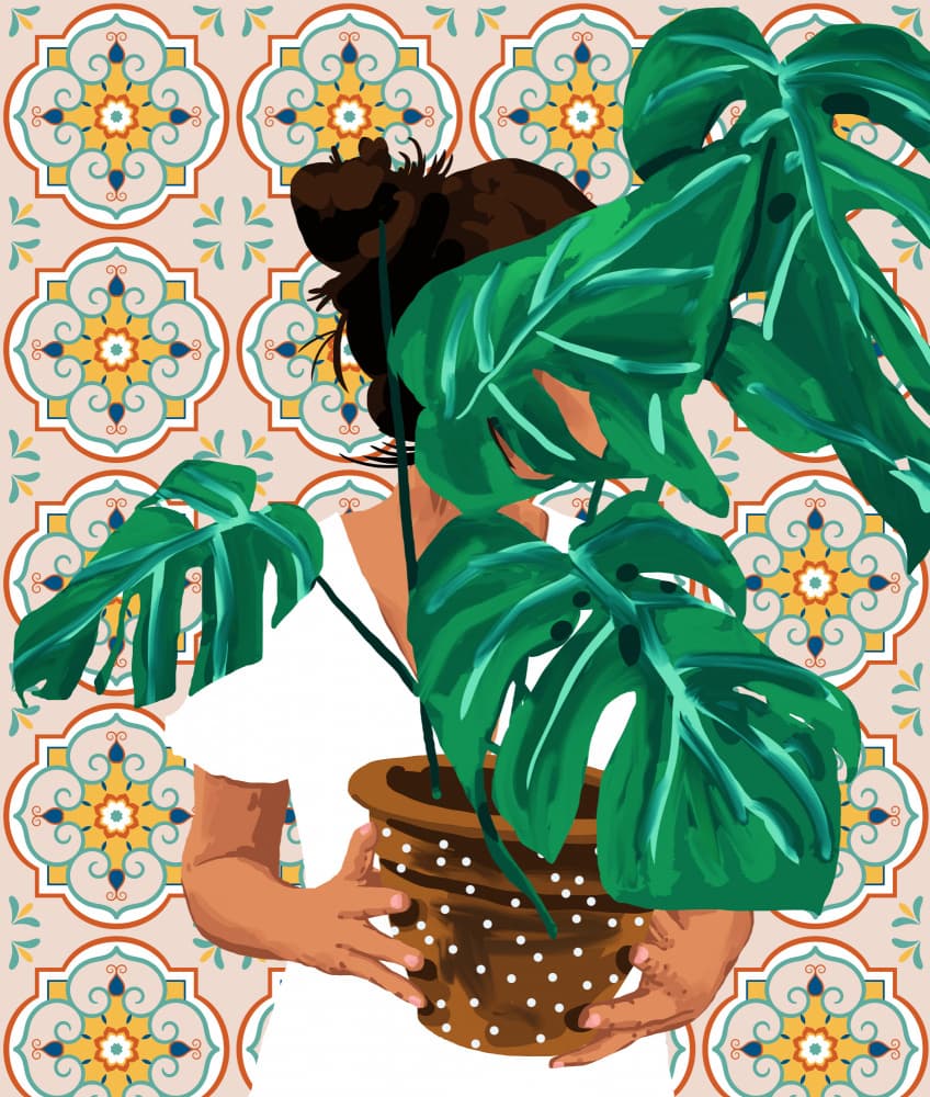 Woman Holding Monstera Plant by Uma Gokhale — canvas wall art