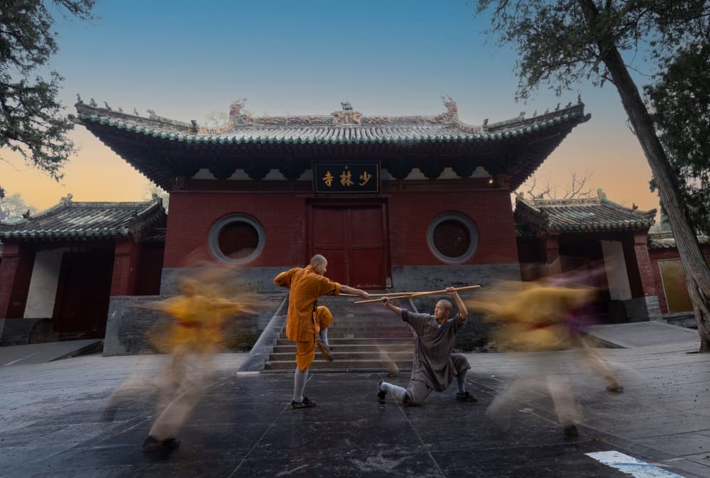 Shaolin Monk Staff Training by Dennis Zhang — canvas wall art