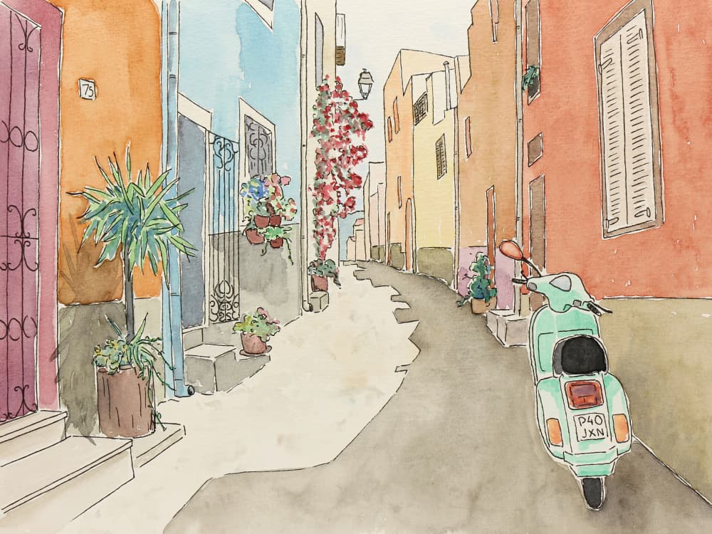 Charming European Street Scooter by Natalie Bruns — canvas wall art