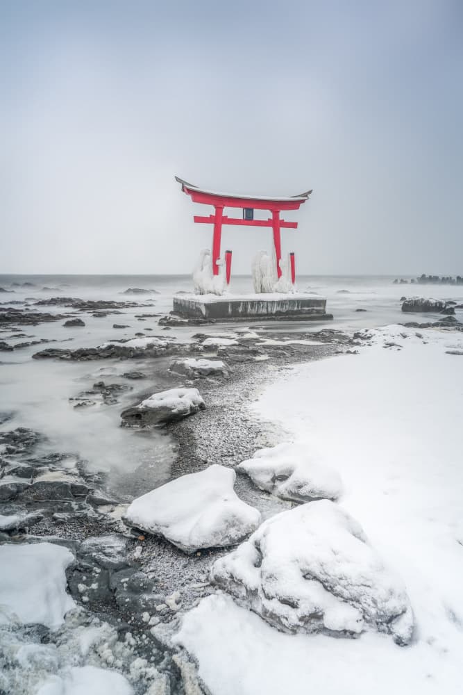 Red Torii Winter Coast by Jana Luo — canvas wall art