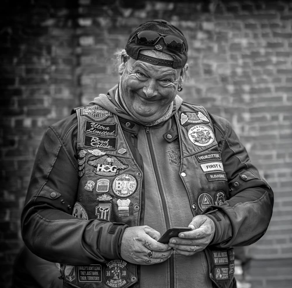 Jovial Biker Portrait by Marie-anne Stas — canvas wall art