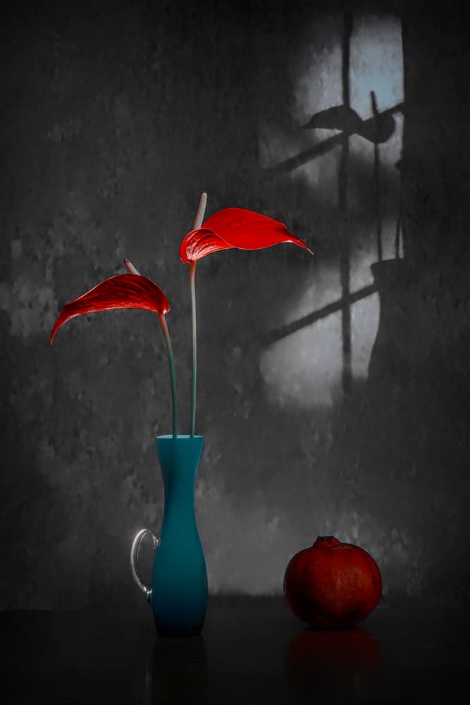 Red Anthuriums Blue Vase by Lydia Jacobs — canvas wall art
