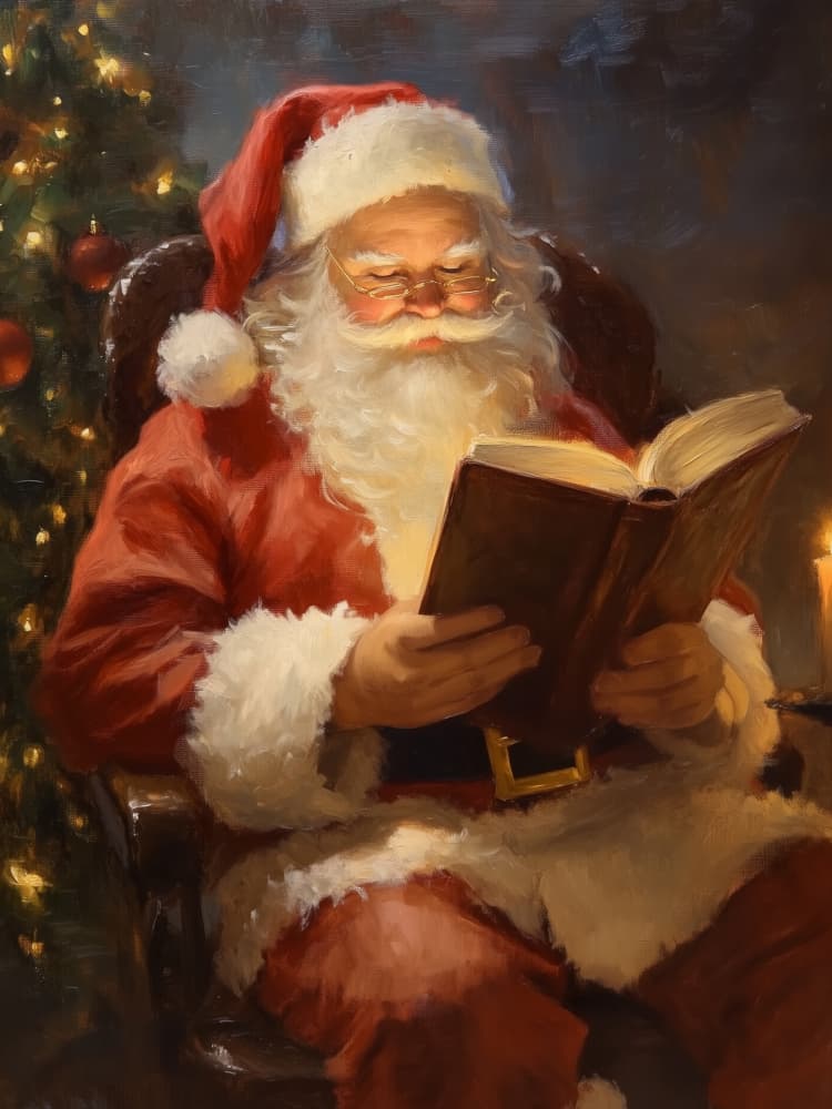 Cozy Santa Reading by Jolly and Dash — canvas wall art