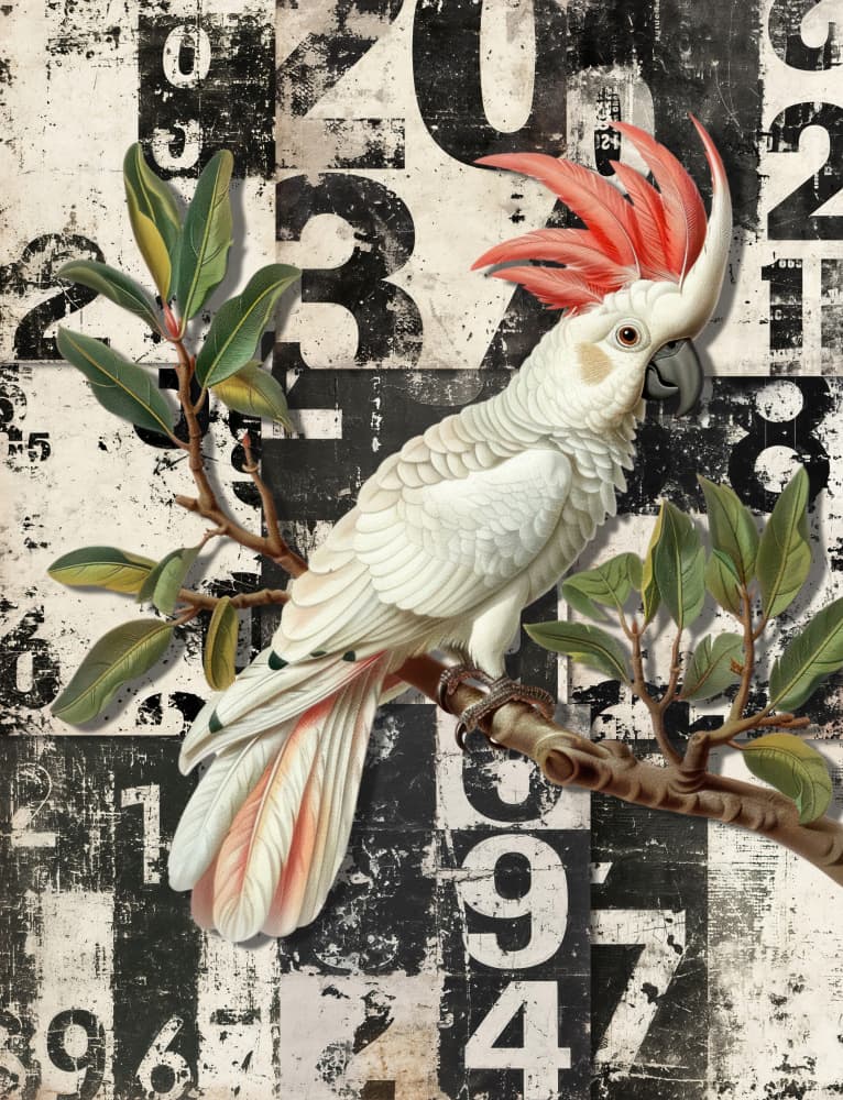White Cockatoo Grunge Numbers by Marja van den Hurk — canvas wall art