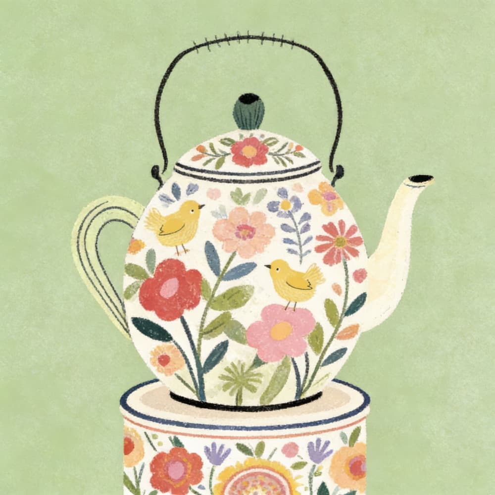 Sweet Teapot Garden Birds by Emel Tunaboylu — canvas wall art